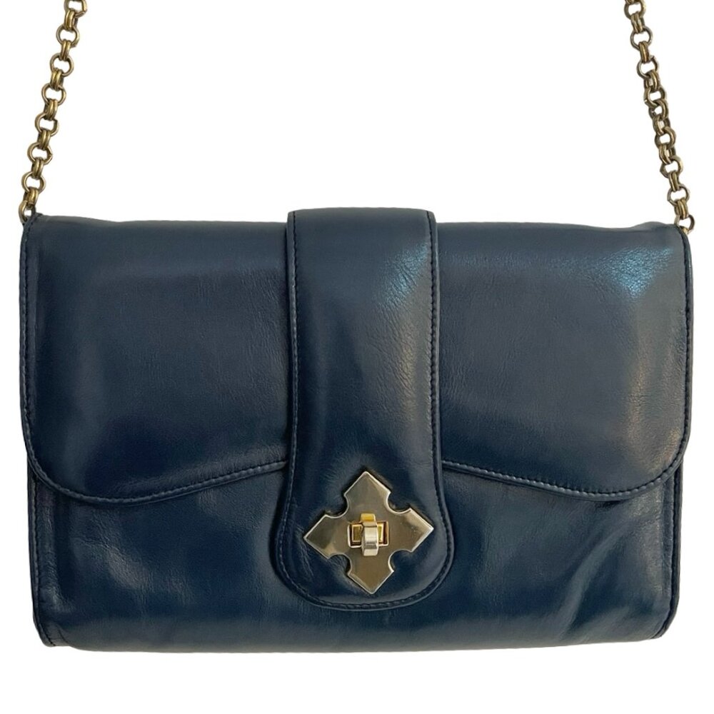 Fiorenza Genuine Leather Navy Blue Vintage Chain Strap Shoulder Bag 🇮🇹